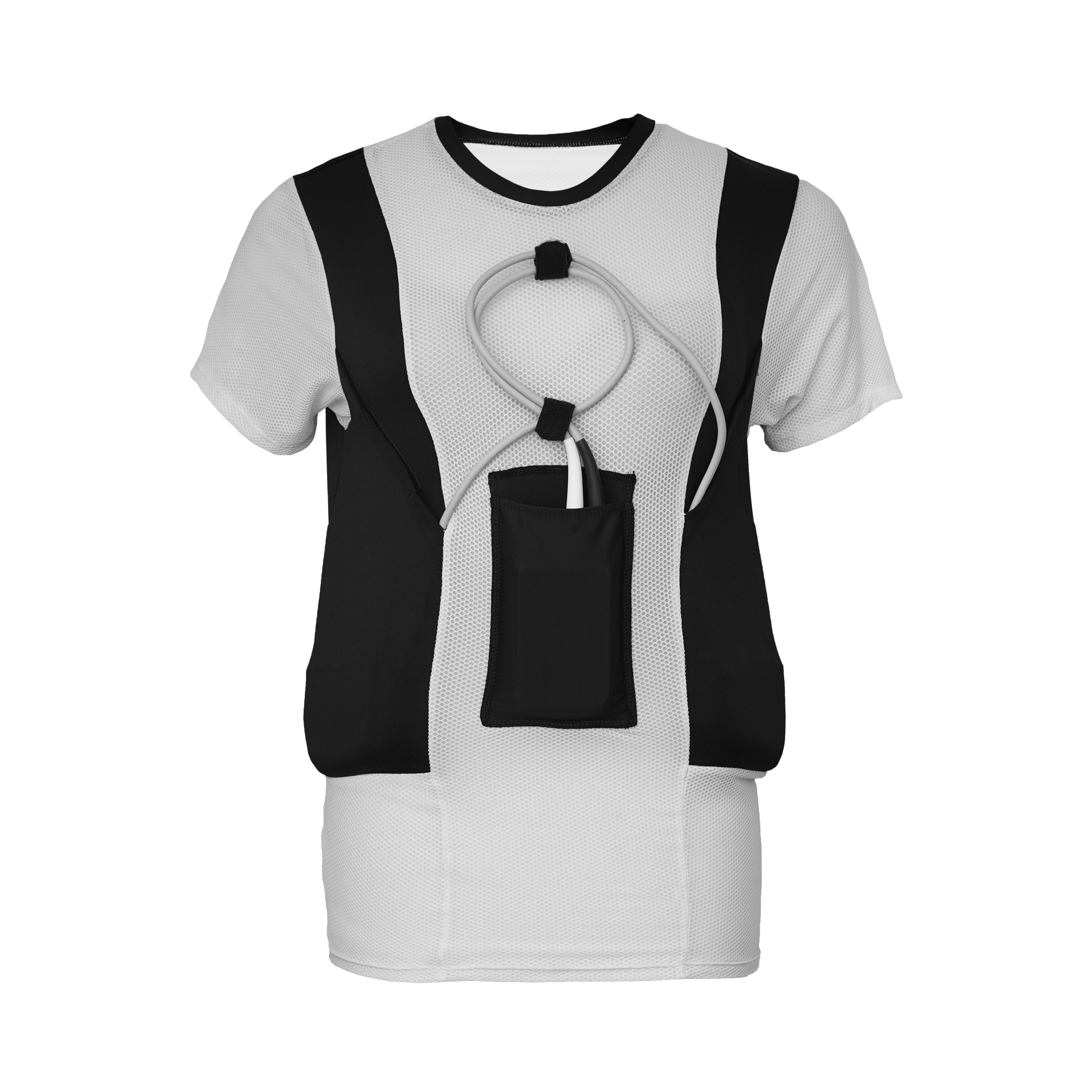 Women’s LVAD mesh shirt designed for HeartMate controller and batteries